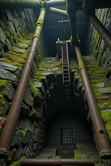  A high tower from the inside with stone walls, which are already covered with moss. There is a ladder inside,  which is already a bit rusty and leads steeply upwards. The tower is completely closed . It looks very mystical. You can see straight up the lad...