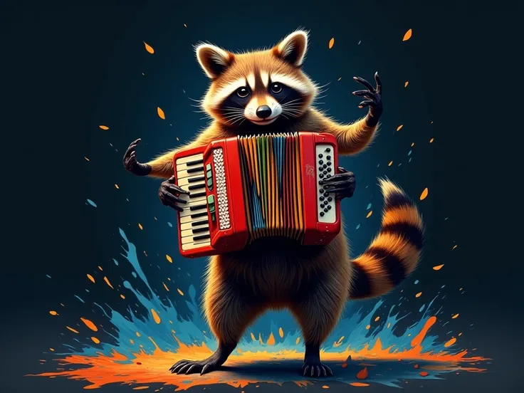 The image is a digital illustration of a raccoon dancing with an accordion. The accordion is in the center of the image and is colored red, orange, yellow, green, blue, and black. The raccoon is standing on one leg with its arms outstretched to the sides a...