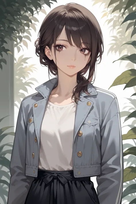 score_9,score_8_up,score_7_up,source_anime,solo,beautiful adult woman, shoulder-length hair, natural perm, side-swept bangs, dark brown hair, soft appearance, slim body, graceful, calm demeanor, simple chic fashion, black clothing, gray clothing, casual st...