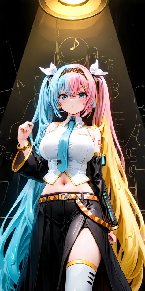  score_9,  score_8_up,  score_7_up, score_6_up,  score_5_up,  score_4_up ,  1 girl, Alone, ((  split color hair  )), (( blonde hair)), (( light blue hair)), (( pink hair)),  big breasts,  Luka Megurine,  blue eyes,   headphones  ,  long hair, ロングの大きな twin ...