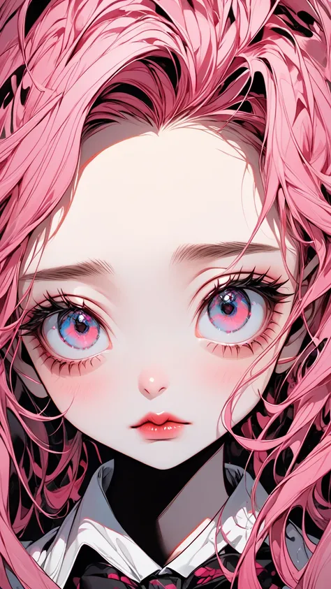  Tim Burton Style、  2D illustration 、Precise and precise 、 bright warm pink、warm white 、Zoom in on face、