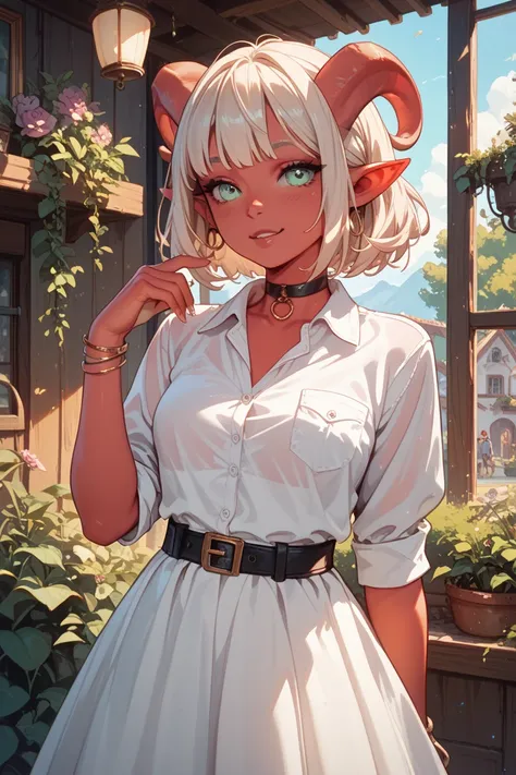 tiefling girl, teenager, with pale red skin, light hair in a dress and shirt 