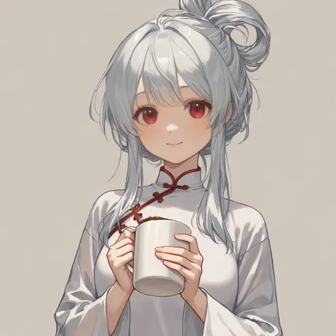  Half twin white Chinese clothes, hairstyle, pure white mug, red eyes, gentle eyes, easygoing