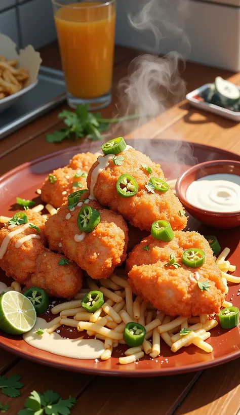 ((Delicate)),( Japanese anime style, manga:1.25), ( top quality:1.6), ( super high resolution :1.5), (Dramatic:1.75), 8k resolution for kindergarten ren, Mexican Food 、 Super Spicy Fried Chicken with Jalapeno Pepper、 lots of jalapeno peppers 、chili sauc...
