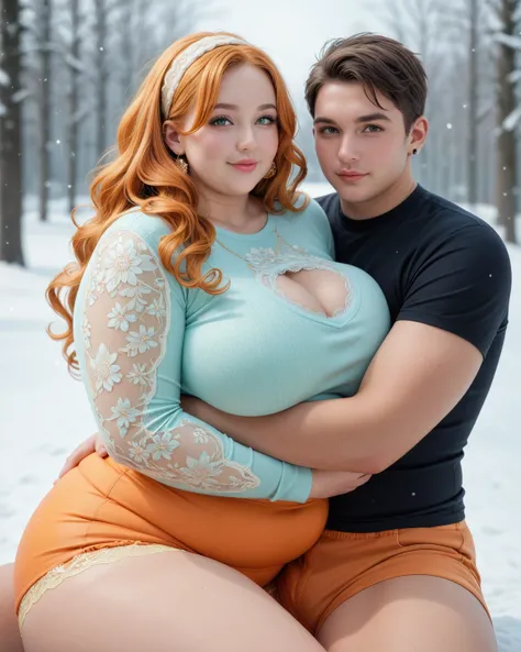 plus size women, 20 years old, voluptuous body, buxom, plump, busty, thick, chubby, huge breast, big hips, big thigh, huge ass, very beautiful face, pink lips, light orange hair color, wavy hair style with bangs, light yellow lace head band, gold earring, ...