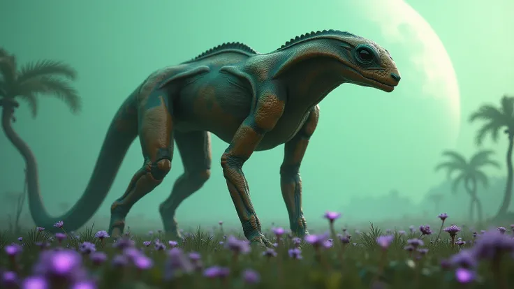 Ultra-realistic, highly detailed cinematic render of a large alien creature. It stands on strong, elongated legs, resembling a mix of a feline predator and a reptile. Its semi-translucent skin shimmers with shades of deep orange and blue-green, featuring i...