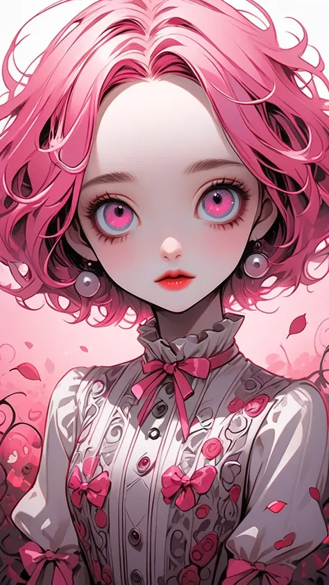  Tim Burton Style、  2D illustration 、Precise and precise 、 bright warm pink、warm white 、