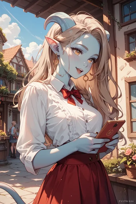 tiefling girl, teenager, with blue skin, light brown hair in a dress and shirt 