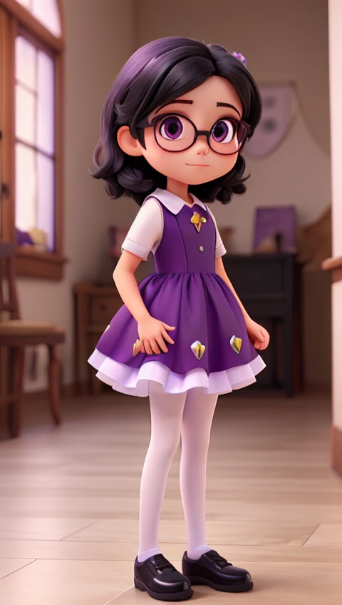 Girl with black hair glasses purple dress with gemstones white tights black shoes 