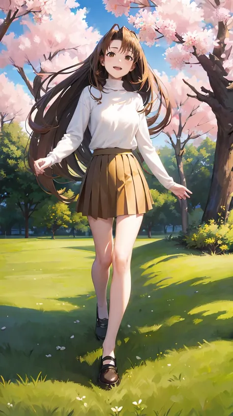 naru narusegawa, long hairs, yellow turtleneck, (red pleated skirt:1.1), looking at viewer, full body shot, sakura trees in background, blue sky, beautiful face, highly detailled eyes, masterpiece, absurdres