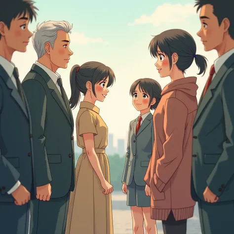 Prompt: "Anime-style image of a young couple in their late teens, standing beside each other in front of their elders. The woman looks unsure, while the man is determined."
