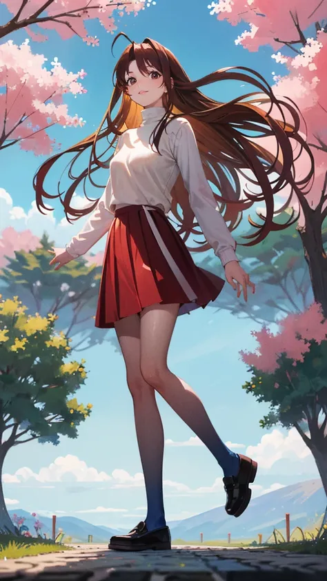 naru narusegawa, long hairs, yellow turtleneck, (red pleated skirt:1.1), looking at viewer, full body shot, sakura trees in background, blue sky, beautiful face, highly detailled eyes, masterpiece, absurdres