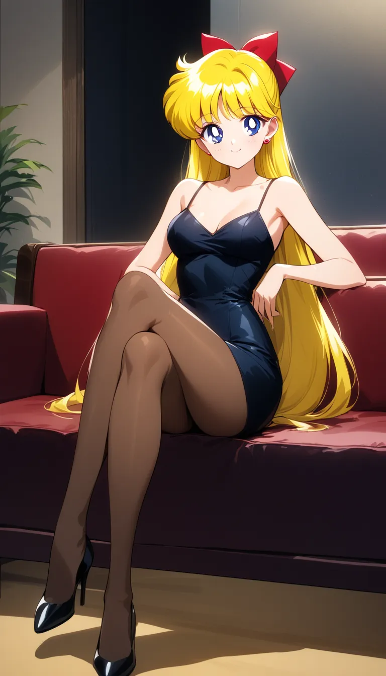 masterpiece, best quality, very aesthetic, absurdres, aavenus, long hair, blonde hair, hair bow, blue eyes, earrings, taut dress, spaghetti strap, black dress, sleeveless, indoors, couch, sitting, legs crossed, cowboy shot, medium breast, smile, black high...