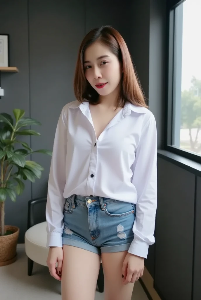 25 years old Korean woman, realistic, masterpiece, cinematic quality, deep focus, smooth skin, facial details, clear focus, light hits her skin making her stand out (natural light, afternoon light), natural breasts, she wears a white shirt with 2 buttons u...