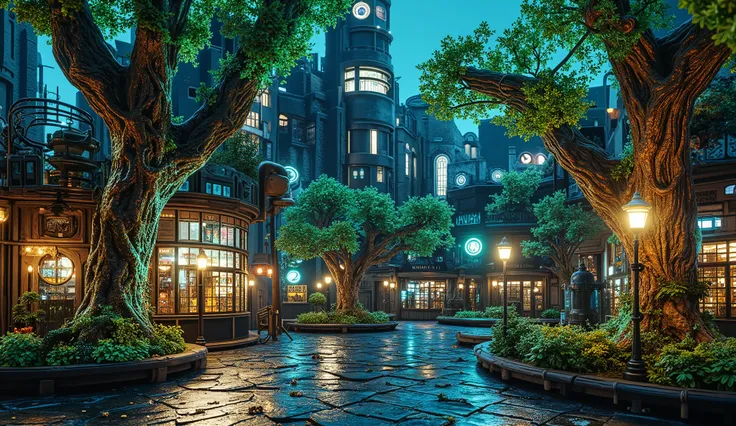 A futuristic park in a steampunk-biopunk city. The park is dominated by massive mutated trees with glowing neon leaves in shades of green and blue. Organic vines with bioluminescent patterns wrap around brass lampposts and steam vents. In the background, V...