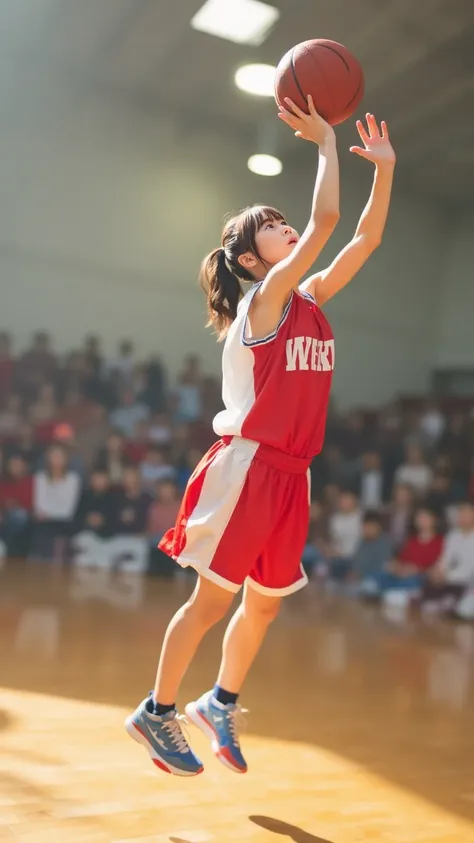 "A cute young female basketball player, wearing a sporty uniform, jumps high from beyond the three-point line, preparing to shoot the ball. Her arm is fully extended, and the ball is just leaving her fingertips. Her expression is focused and determined. Sh...