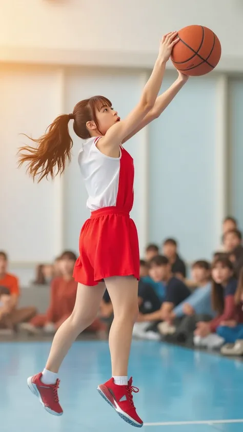 "A cute young female basketball player, wearing a sporty uniform, jumps high from beyond the three-point line, preparing to shoot the ball. Her arm is fully extended, and the ball is just leaving her fingertips. Her expression is focused and determined. Sh...