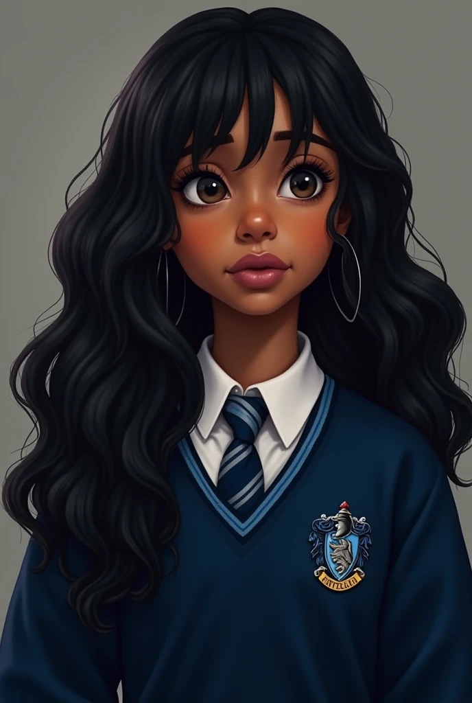  create a character in the Harry Potter universe according to the description I'm going to give you: He has a tanned skin. full hair,  long and wavy with white and black highlights and has a fringe. She is from Ravenclaw, So do it with the ravenclaw's unif...