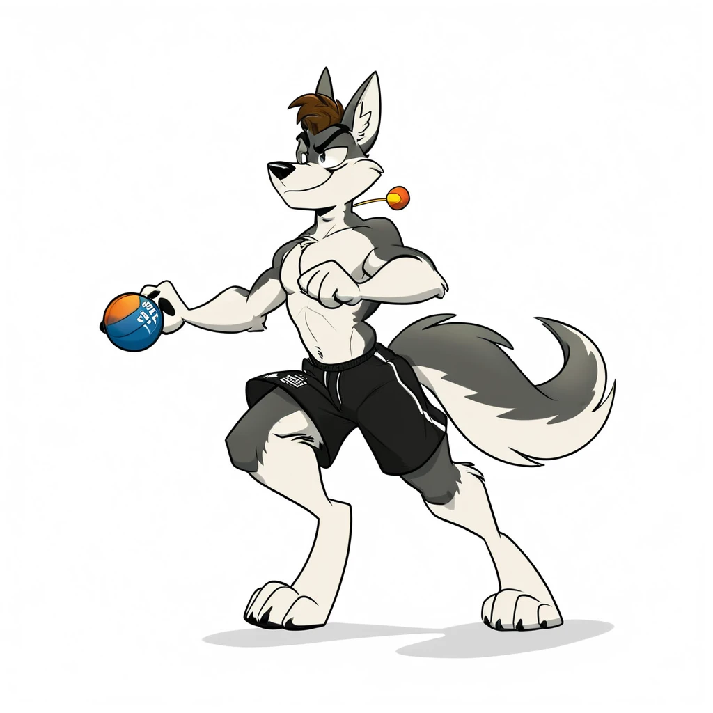 greyofpta style, by greyofpta, 1boy, solo, full body, wearing black shorts, black gym shirt, source_furry, rating_safe, furry male, furry, husky, posing a pin up pose, smirk, white background, digital art, 2D