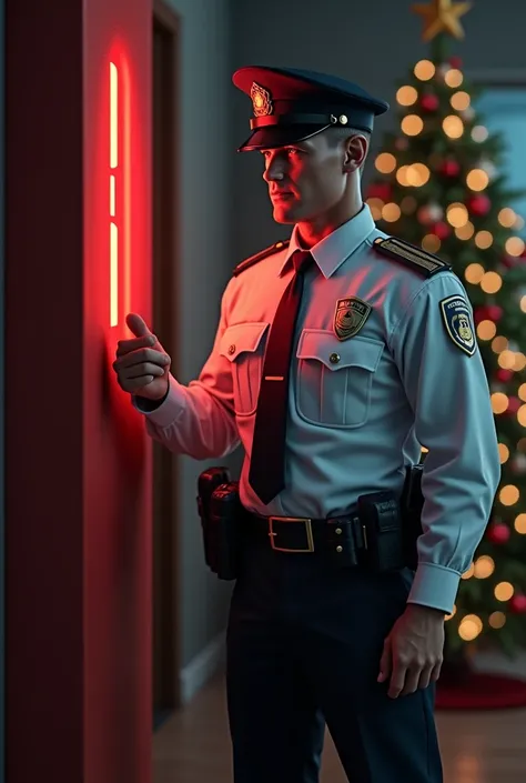 police officer press the red button christmas tree