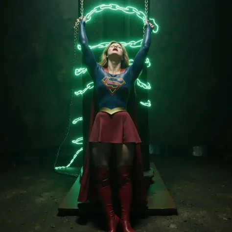 Melissa Benoist as Supergirl, the Supergirl is lying on the platform, her hands is hanging over her head with chain, she is bounded to the pillar with a green lighting chain, a lot of chains wrapped around her wrists and neck, spread out her arms, eyes clo...