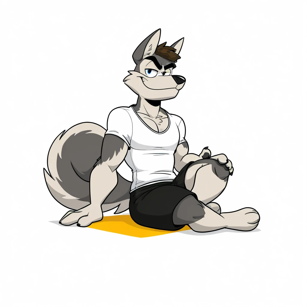 greyofpta style, by greyofpta, 1boy, solo, full body, wearing black shorts, black gym shirt, source_furry, rating_safe, furry male, furry, husky, sitting down on crossed legs, smirk, white background, digital art, 2D