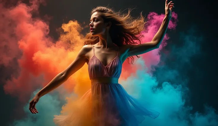 hyperrealistic picture of A beautiful American woman in a dancing pose , in a background of colorful colorsplash like smoke on dark solid background,8k Ultra HD detailed photograph 