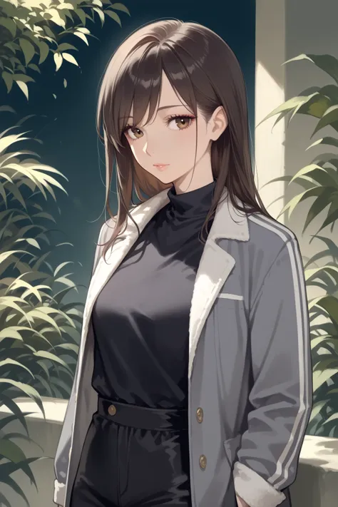 score_9,score_8_up,score_7_up,source_anime,solo,beautiful adult woman, shoulder-length hair, natural perm, side-swept bangs, dark brown hair, soft appearance, slim body, graceful, calm demeanor, simple chic fashion, black clothing, gray clothing, casual st...