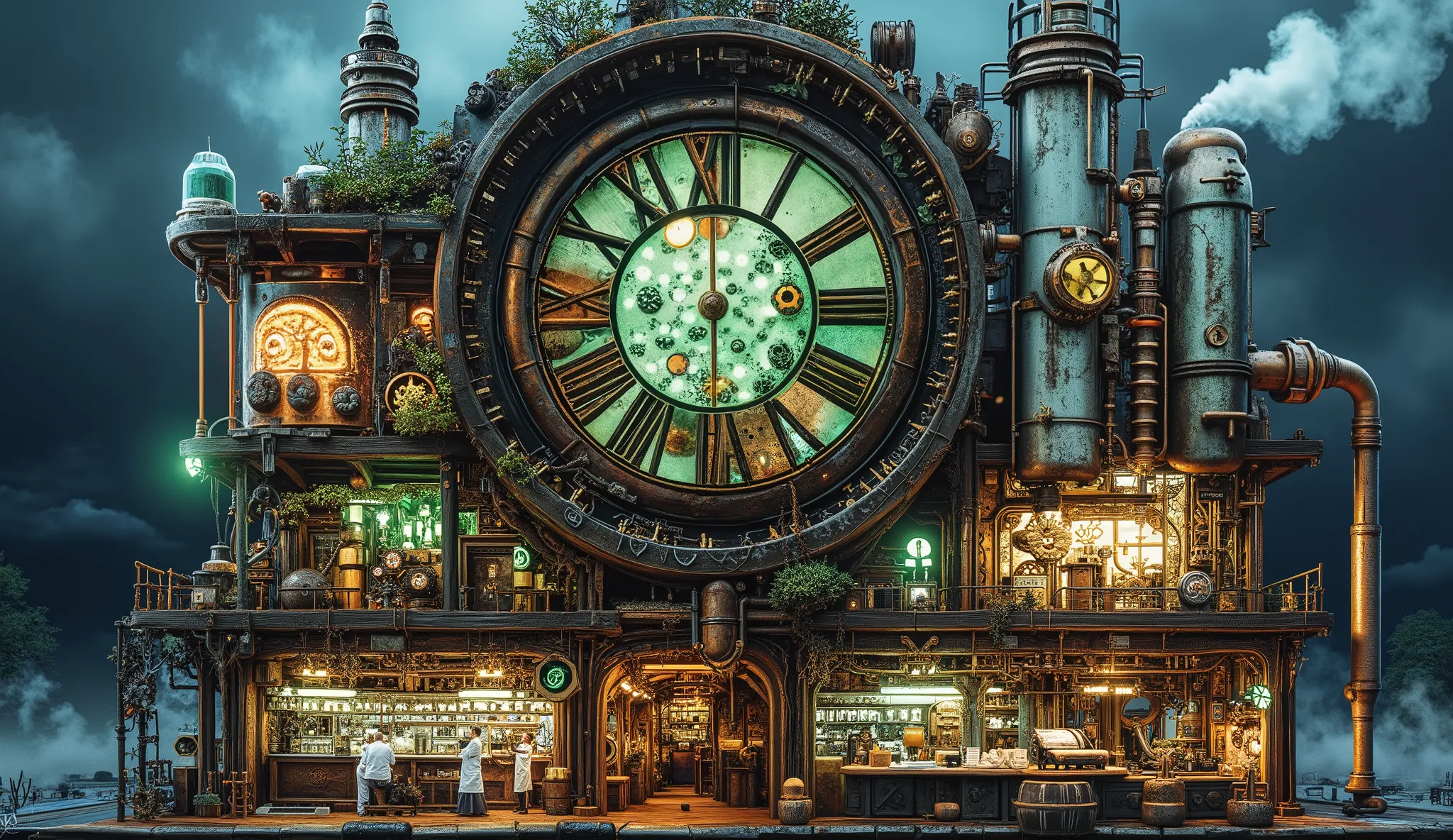 A biopunk laboratory integrated into a massive steampunk clock tower. The clock tower is made of brass and bronze, with intricate gears visible through glass panels. Organic roots and glowing vines wrap around the structure, and neon-green fluids flow thro...