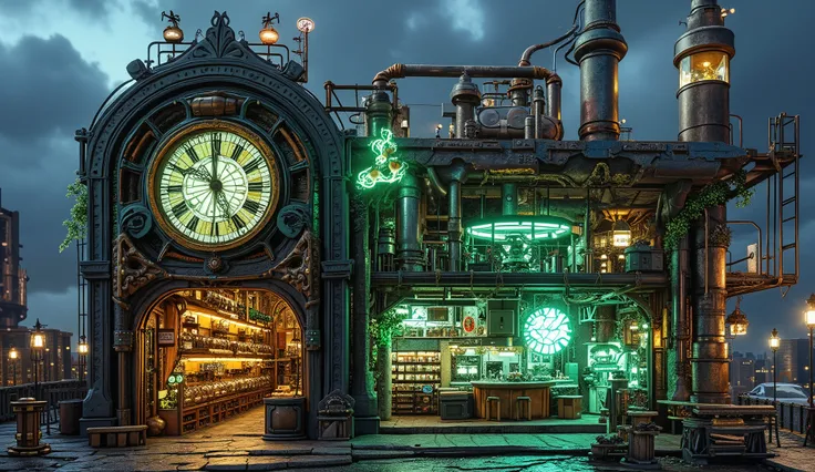 A biopunk laboratory integrated into a massive steampunk clock tower. The clock tower is made of brass and bronze, with intricate gears visible through glass panels. Organic roots and glowing vines wrap around the structure, and neon-green fluids flow thro...