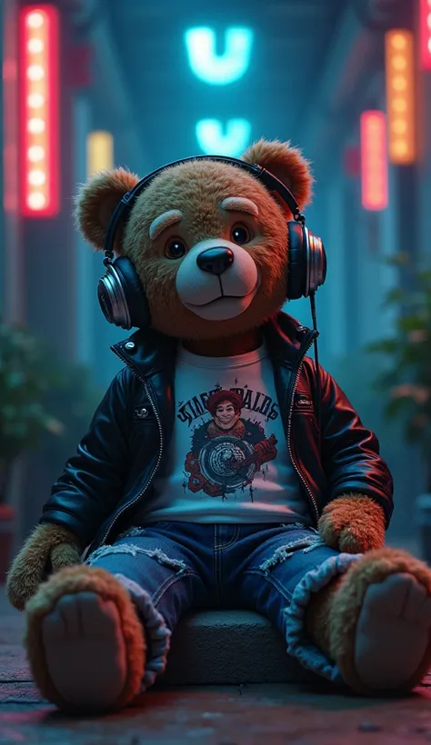 Animé. An alive teddy bear is  listening to his bulky mecha headset, sad, ripped faded jeans, white shirt with rock art design, black leather jacket, a cat near beside him,     from bellow 
Futuristic, hd, neon, darkened room background, aesthetic, anime, ...