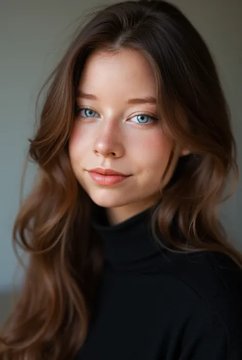 An average woman with brown,  long hair .  She has beautiful blue eyes and more of a light skin color. Soft pink lips. She has a more rounded face.  She looks directly at the camera and wears a black, collar sweater .