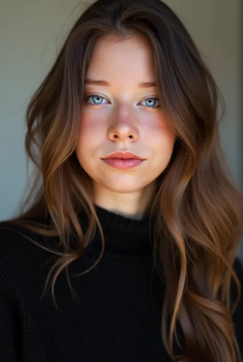 An average woman with brown,  long hair .  She has beautiful blue eyes and more of a light skin color. Soft pink lips. She has a more rounded face.  She looks directly at the camera and wears a black, collar sweater .