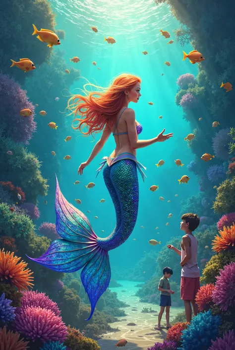 I want a colorful design for the mermaid, fish, people and waves
