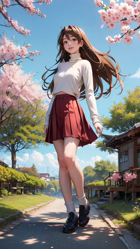 naru narusegawa, long hairs, yellow turtleneck, (red pleated skirt:1.1), looking at viewer, full body shot, sakura trees in background, blue sky, beautiful face, highly detailled eyes, masterpiece, absurdres