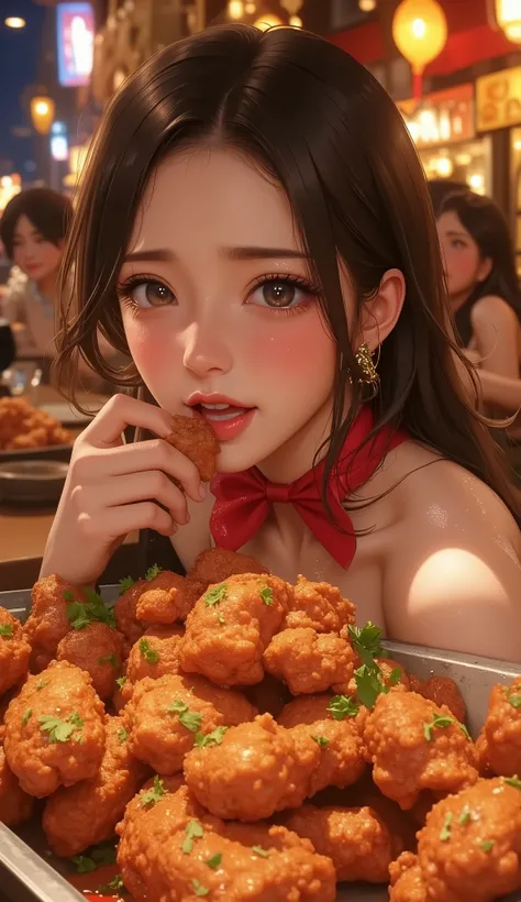 ((Delicate)),( Japanese anime style, manga:1.25), ( top quality:1.6), ( super high resolution :1.5), (Dramatic:1.75), 8k resolution for kindergarten ren, Accurate hand expression、Mexican restaurant、dinner party, a dish of a lot of big Spicy fried chicke...
