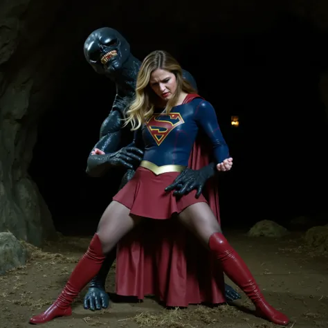 Supergirl is raped by an alien monster, very bright white skin, her legs are wide out, can see whole body, She is wearing a thin black pantyhose, short red skirt, red knee height long boots, blonde hair, She is unconscious, seriously injured, painful, a fi...