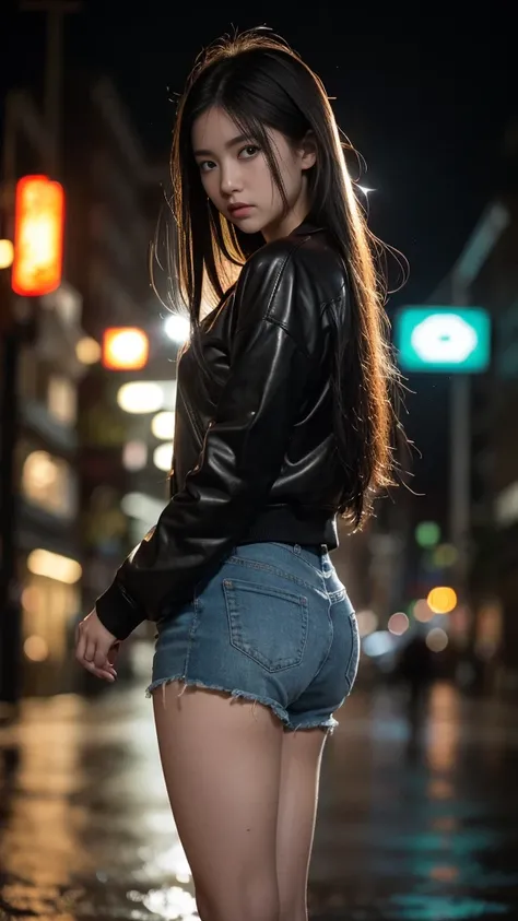 1 girl, solo, long hair, Rough skin, (looking at viewer:1.2), wet hair, micro_shorts, dark, polaroid, (depth_of_field:1.5), rainy days, outdoors, street, hair between eyes, moody lighting, Tyndall effect, Cinematic Lighting, night, lamppost, lens flare, av...