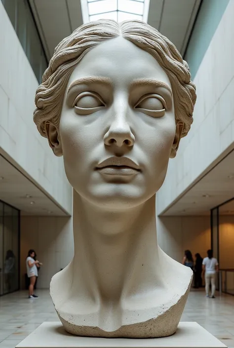 ((( disembodied head statue ))) giant statue of a woman's head is on display at the museum, look up front view