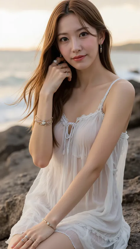 The high resolution photograph of a Japanese young beautiful woman with long brown hair in sleeveless transparent sundress, covered nipples, an elegant lady with smile, slender, slim and thin body, tiny breasts, earrings, bracelet, rings, gem, jewelry, det...