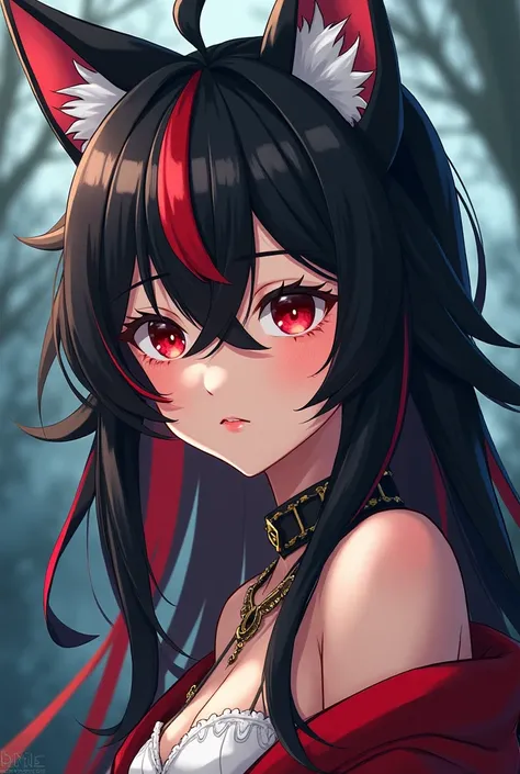 Anime Girl wolf ears Black and Red hair 