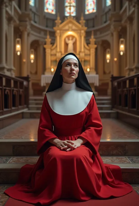 45 year old nun in red and white habit and coif, sitting on steps in front of altar in a Cathedral, hint of black hair showing from under the trim of her coif