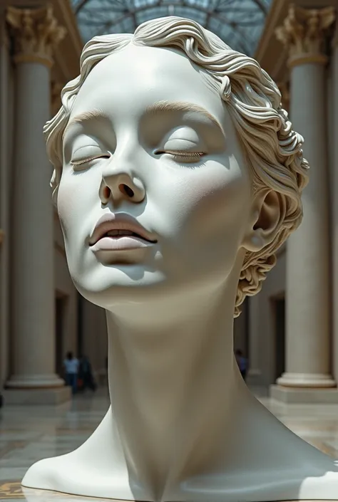 ((( disembodied head statue ))) giant statue of a woman's head is on display at the museum, look up front view, realistic skin