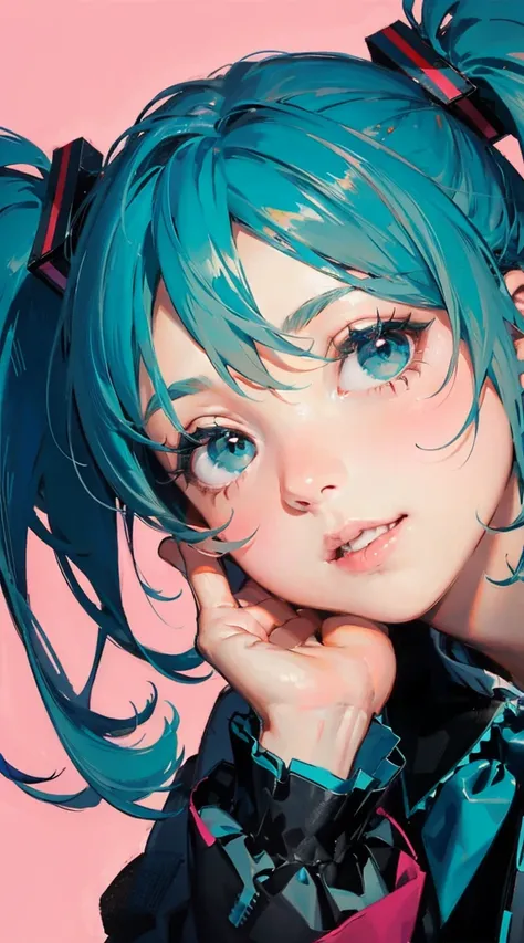 1girl, solo, hatsune miku, vocaloid, cyan hair, twintails, big eyes, round face, clean lineart, angular proportions, looking at viewer, zoomed in, masterpiece, best quality, dynamic angle, cartoony, valentines, peace sign, happy, cheering, good hands, aqua...