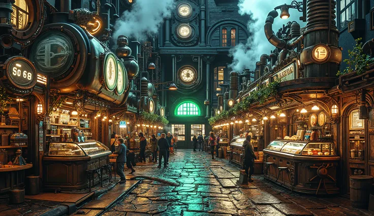 A bustling night market in a steampunk-biopunk city. The market is filled with brass and wooden stalls selling steam-powered gadgets and bio-engineered goods. Glowing neon-green lights illuminate the area, and organic vines grow around the stalls. Steam ri...