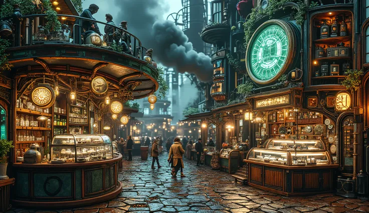 A bustling night market in a steampunk-biopunk city. The market is filled with brass and wooden stalls selling steam-powered gadgets and bio-engineered goods. Glowing neon-green lights illuminate the area, and organic vines grow around the stalls. Steam ri...