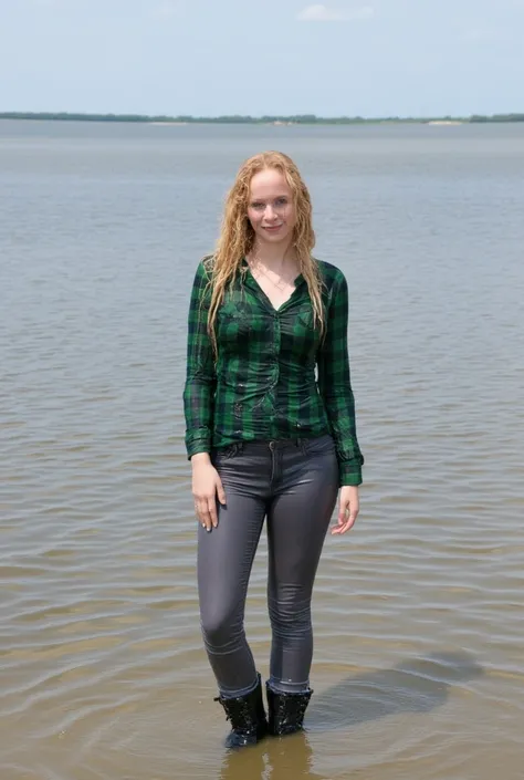 tall blonde woman, curly hair, skinny jeans, green plaid shirt, combat boots, wam, partialy submerged, wet clothes, wetlook