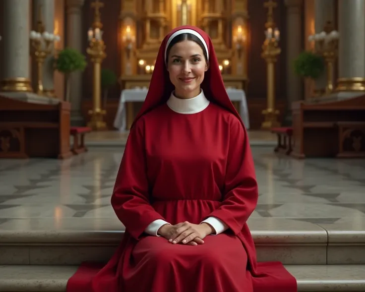 45 year old nun in red habit and coif, sitting on steps in front of altar in a Cathedral, hint of black hair showing from under the trim of her coif, she smiles in welcome to the viewer