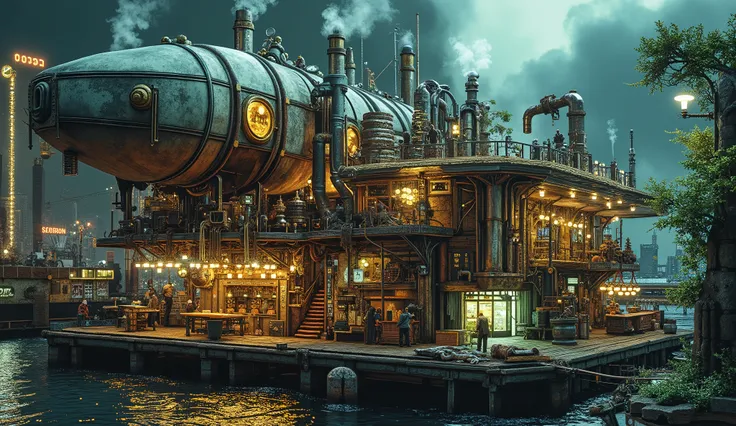 A sprawling aerial harbor in a steampunk-biopunk city. The harbor is filled with large steampunk airships, their brass and bronze frames adorned with glowing organic materials. Steam rises from chimneys as workers load cargo using mechanical arms powered b...