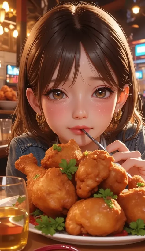 ((Delicate)),( Japanese anime style, manga:1.25), ( top quality:1.6), ( super high resolution :1.5), (Dramatic:1.75), 8k resolution for kindergarten ren, Accurate hand expression、Mexican restaurant、dinner party, a dish of a lot of big Spicy fried chicke...